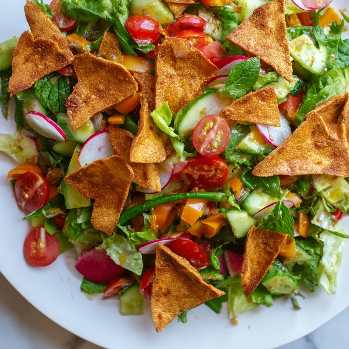 Crispy pita chips top a colorful Fattoush Crunch Salad, a refreshing Middle Eastern meal ready now.
