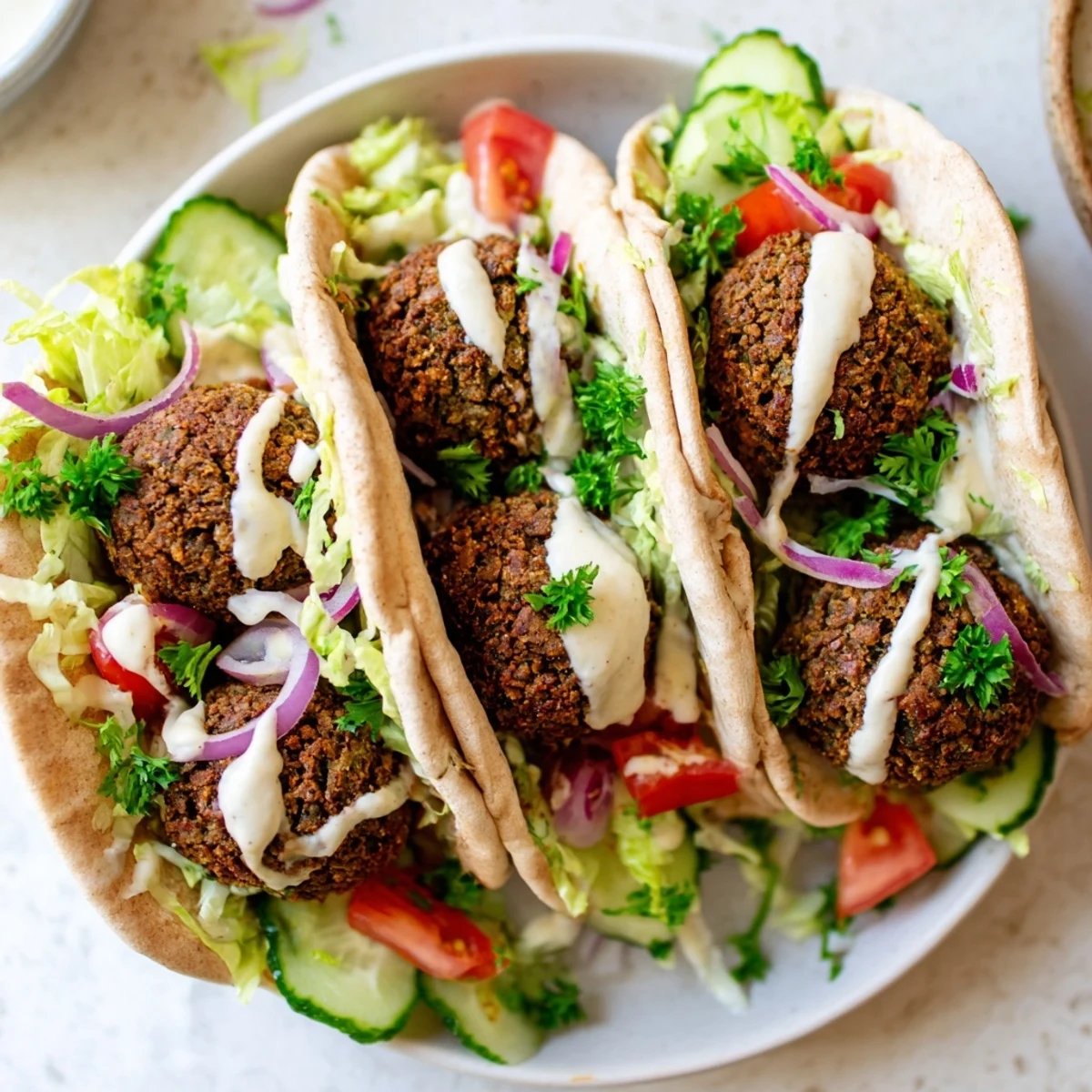 Golden-brown, crispy falafel pita pockets filled with fresh, vibrant vegetables and creamy tahini sauce.