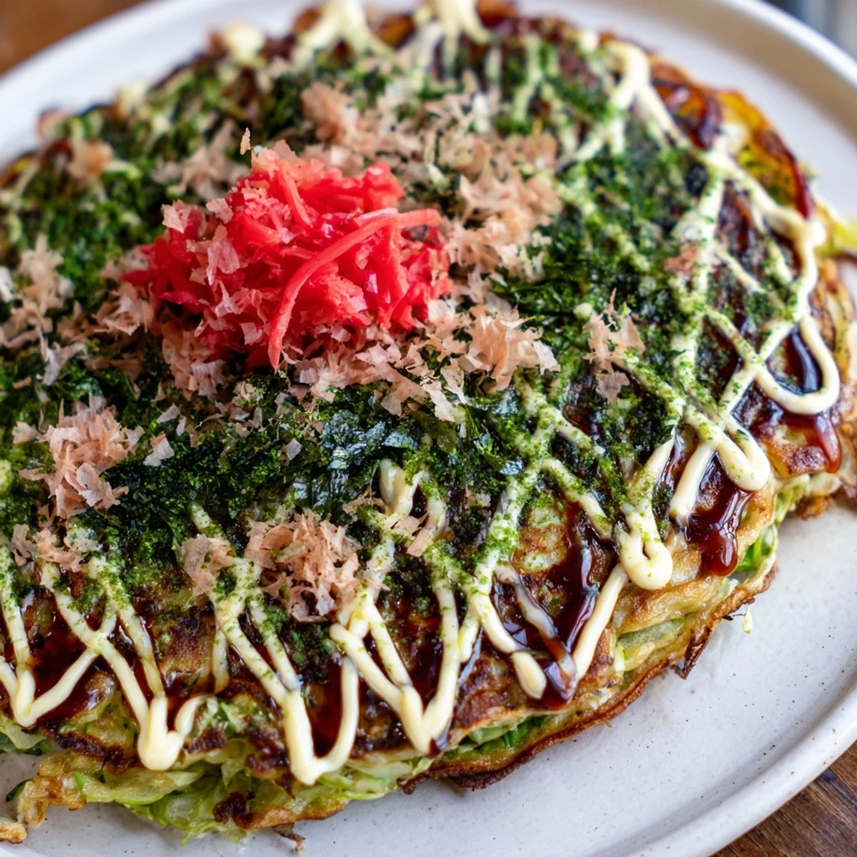 Savory Japanese Okonomiyaki Pancakes served hot with bonito flakes and aonori, ready to be sliced for a delicious meal.
