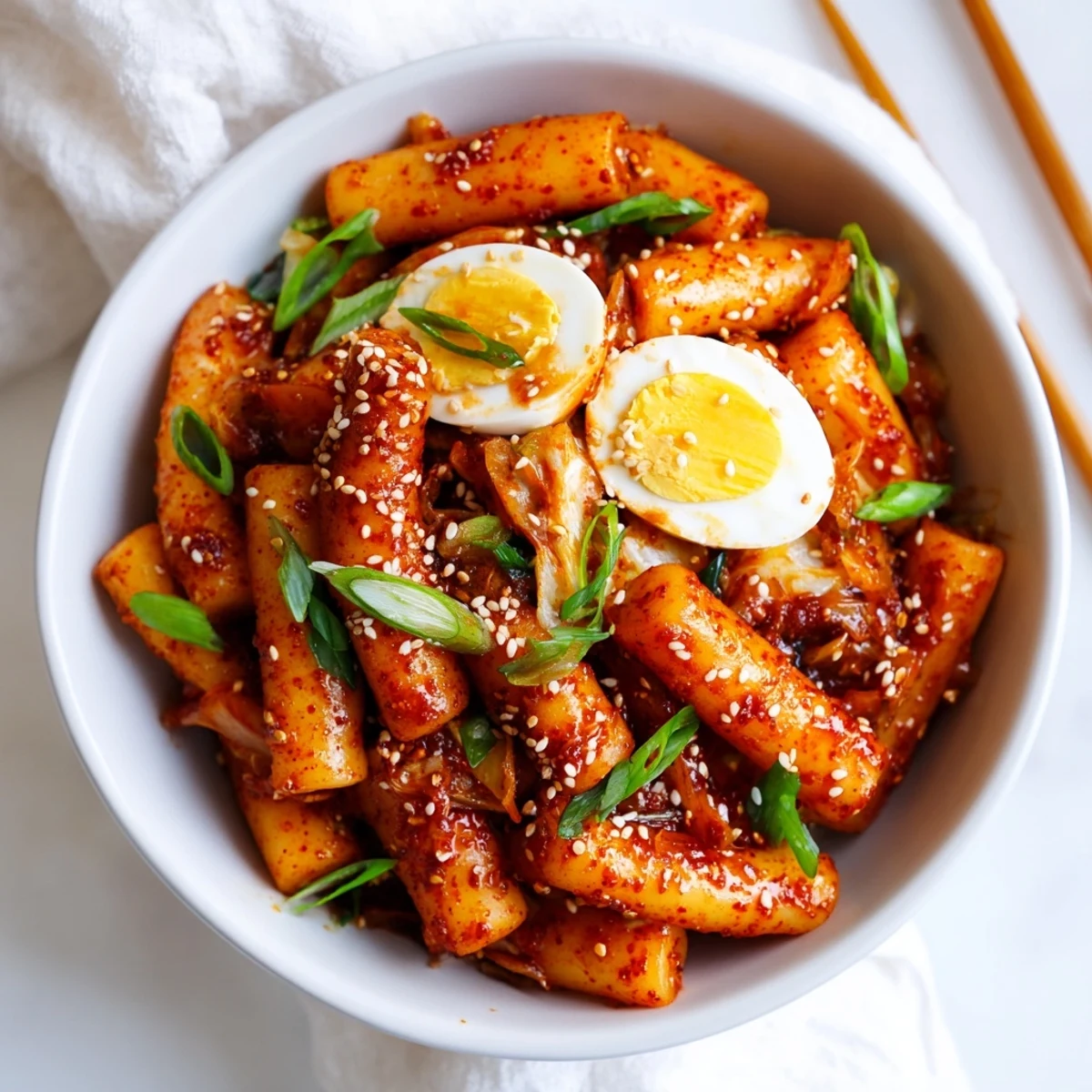 Close-up of vibrant Korean tteokbokki in a thick, spicy red sauce, garnished with fresh green onions and sesame seeds for an appetizing look.