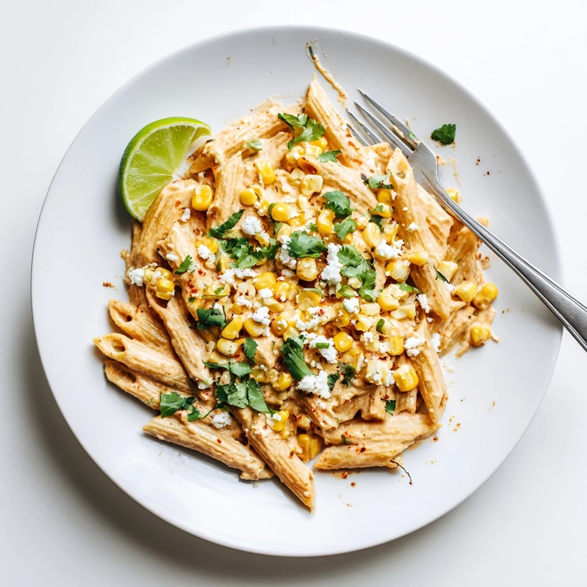 Steaming Mexican Street Corn Pasta tossed in a creamy sauce with sweet corn and zesty lime in a skillet.
