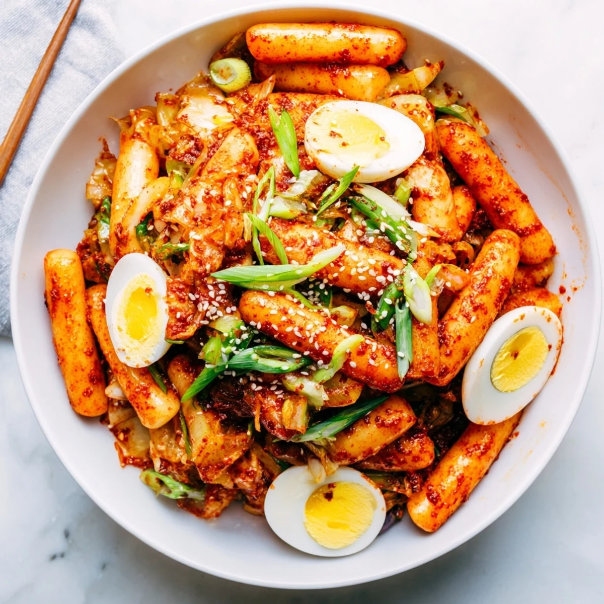 Bright red, spicy Korean tteokbokki simmering in a glossy gochujang sauce, with green onions and sesame seeds on top, served hot.