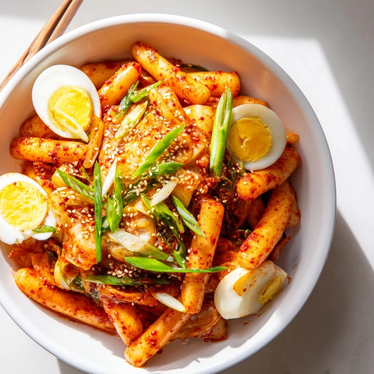 Steaming platter of classic Korean tteokbokki, featuring chewy rice cakes in a sweet and savory sauce with onions and optional boiled eggs.
