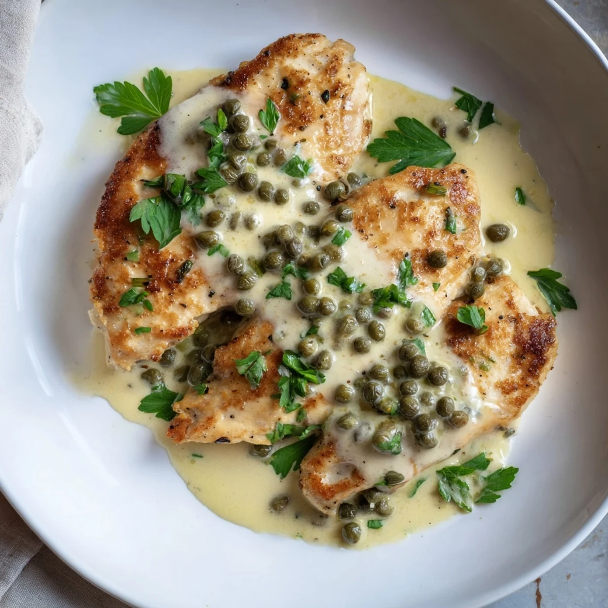 Pan-fried chicken piccata with a luscious, creamy lemon sauce, ready to serve with crusty bread for dipping.