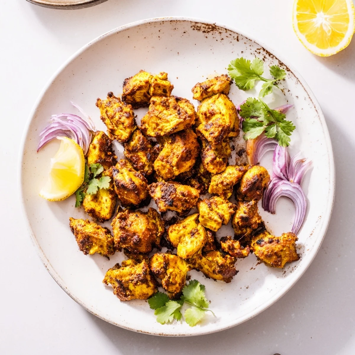 Juicy, golden-brown Indian Tikka Spiced Chicken pieces roasted to crispy perfection, garnished with fresh cilantro and lemon wedges.