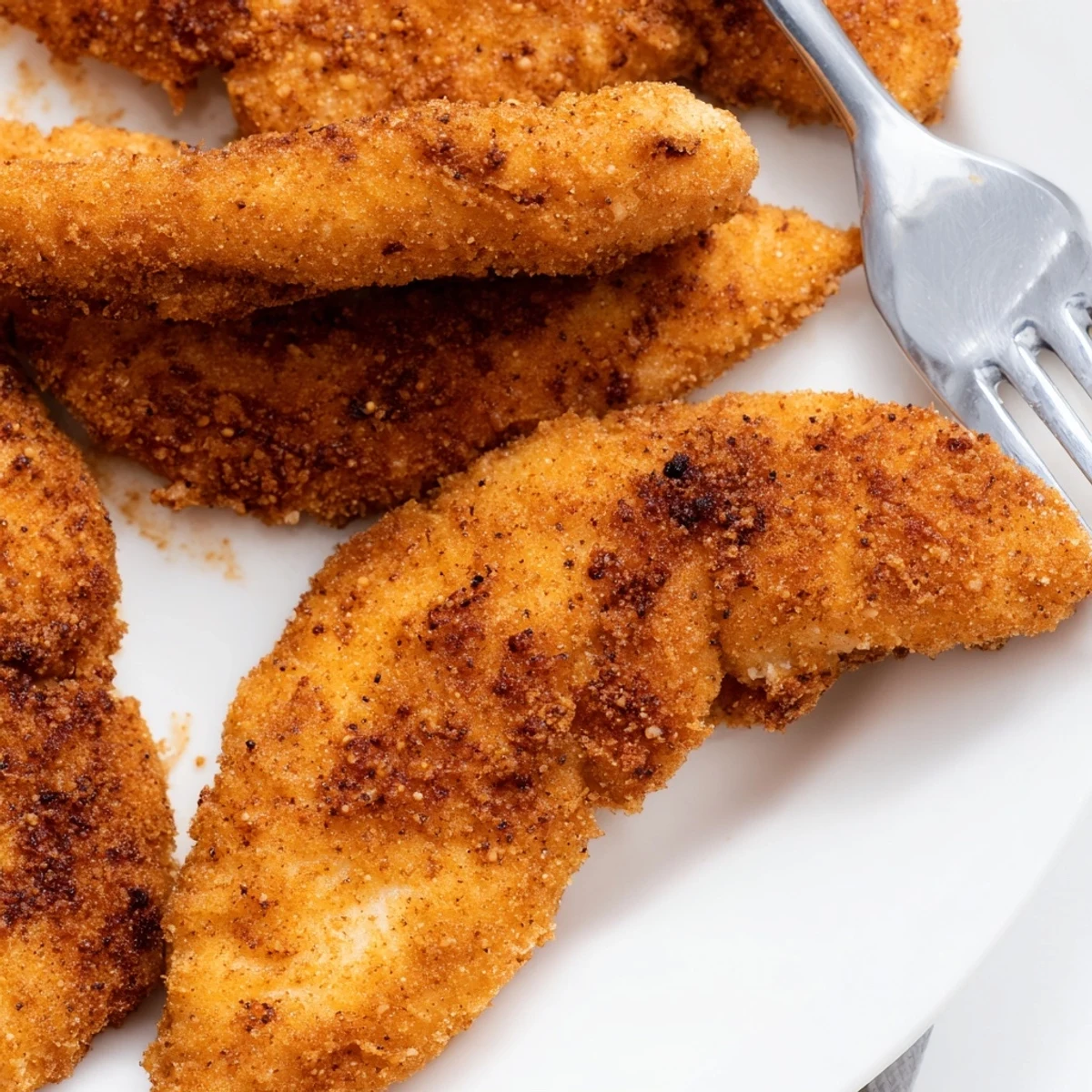 Golden brown crispy fried chicken tenders, perfectly seasoned and fried until crisp, served on a wooden board with dipping sauce.
