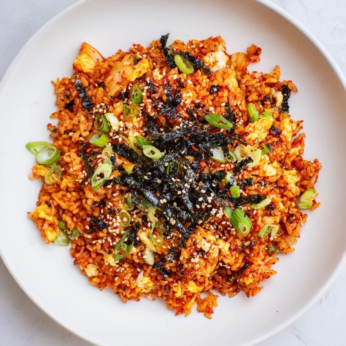 Steaming hot Spicy Kimchi Fried Rice with a golden egg and sesame seeds garnish, served in a bowl.