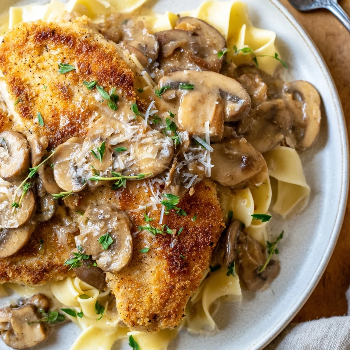 A comforting plate of Chicken Marsala featuring al dente fettuccine, savory mushrooms, and a luxurious wine-infused cream sauce.