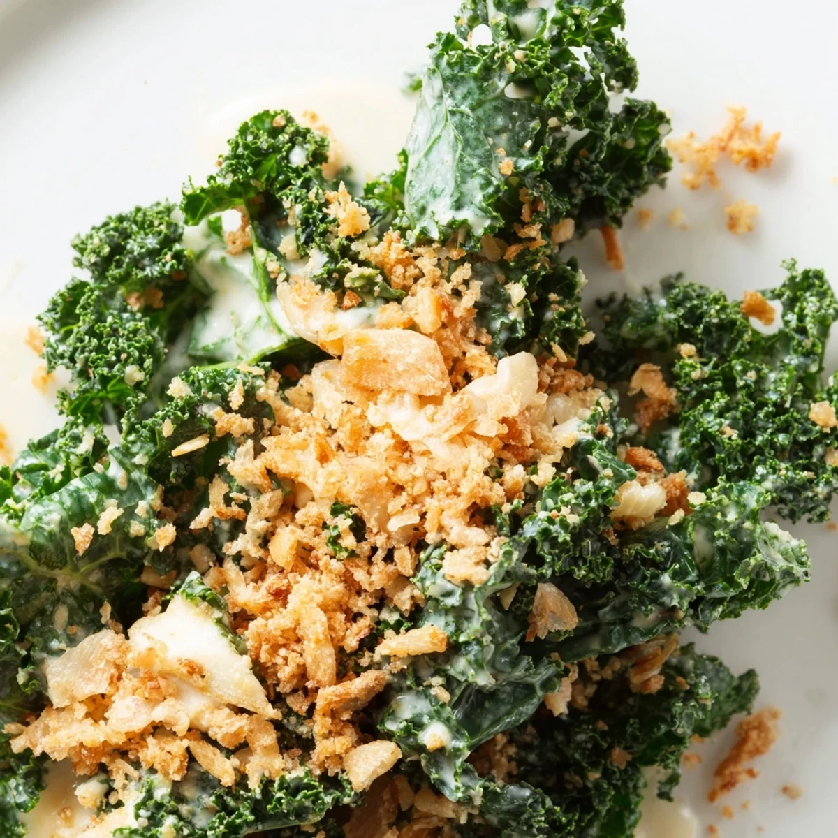 Vibrant Garlic Parmesan Kale Salad with massaged greens, creamy dressing, and golden toasted breadcrumbs served in a rustic bowl.