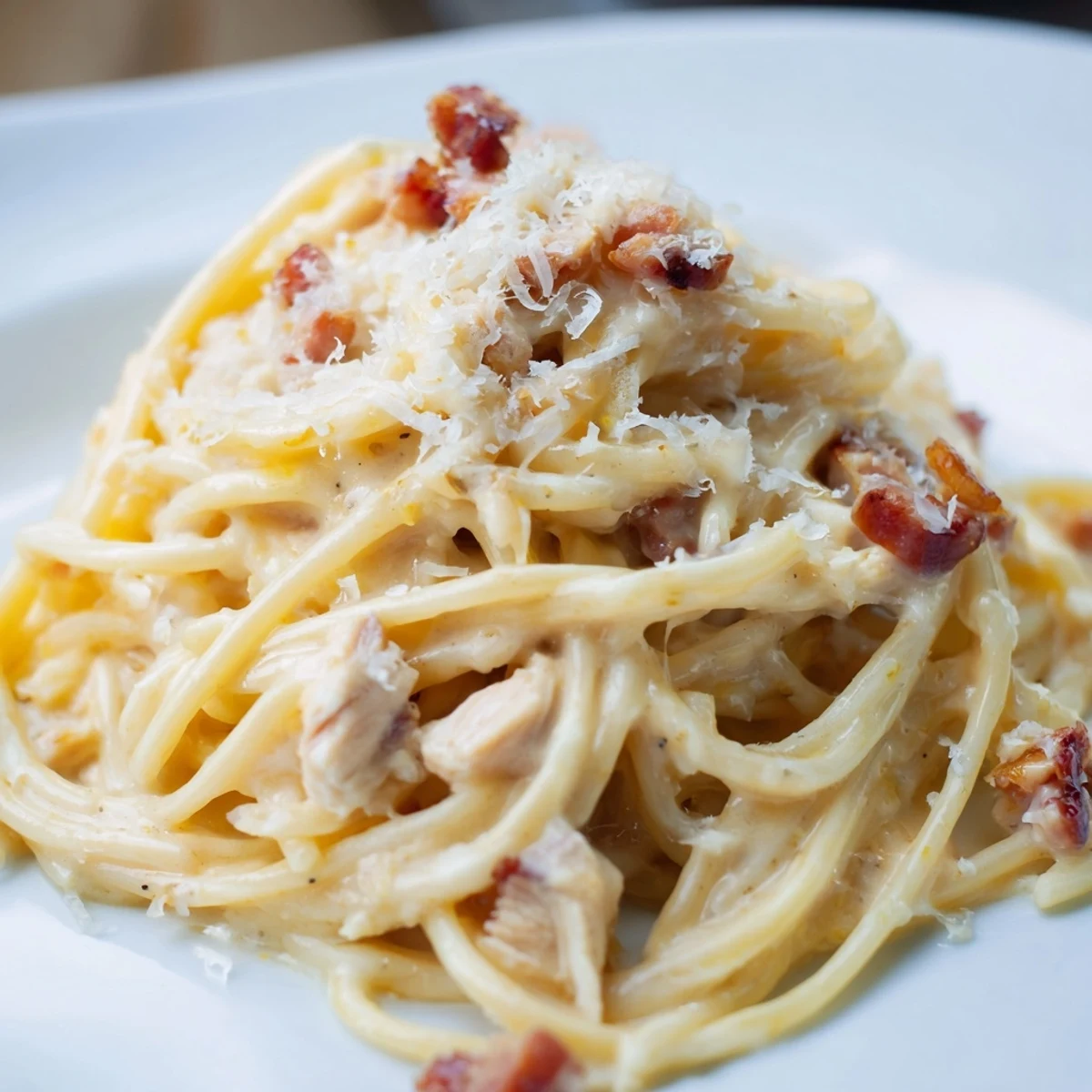 Creamy Chicken Carbonara pasta with crispy bacon bits, shaved Parmesan, and fresh parsley garnish on a rustic plate.