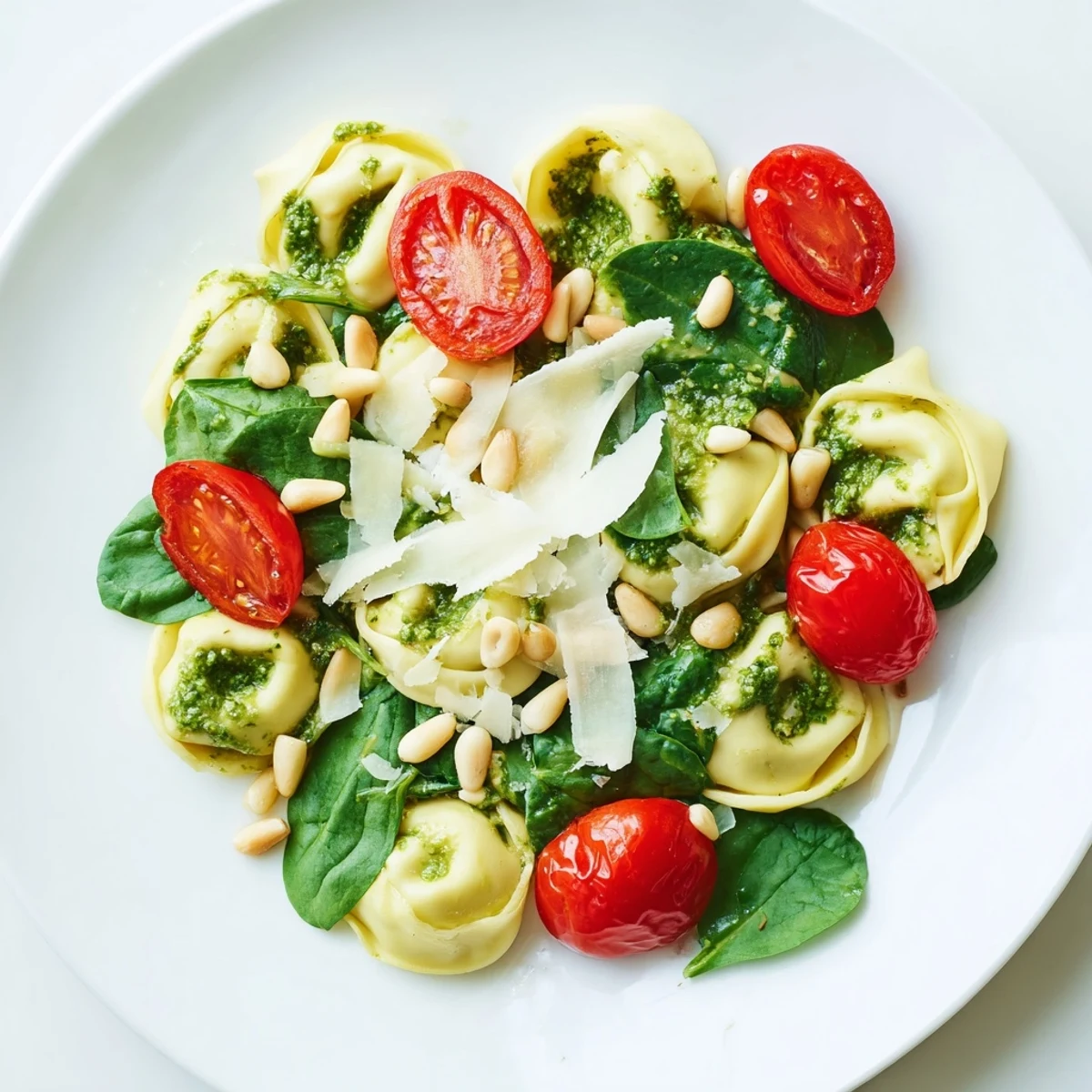 A close-up of vibrant pesto tortellini salad with halved cherry tomatoes, baby spinach, and toasted pine nuts in a white bowl.