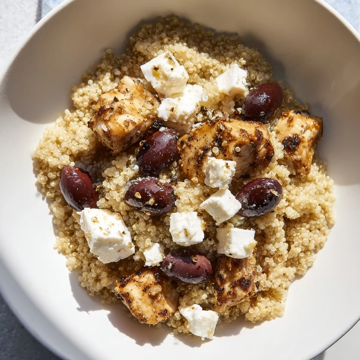 Colorful Mediterranean Chicken Bowl ingredients including red onion, Kalamata olives, and feta cheese, ready to eat or meal prep.