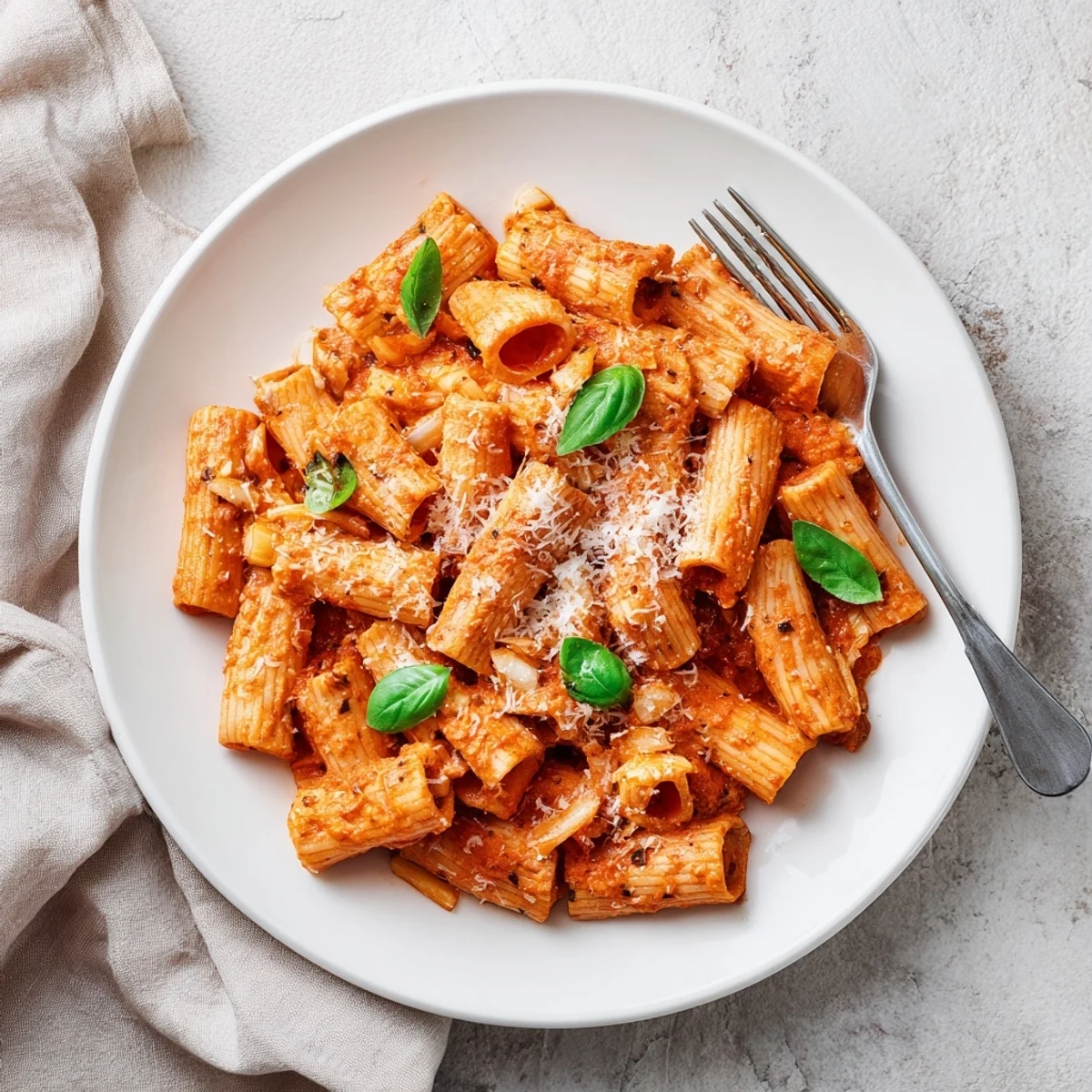 A rustic skillet of spicy rigatoni pasta is ready to serve, highlighting the rich red sauce and melted cheese garnish.
