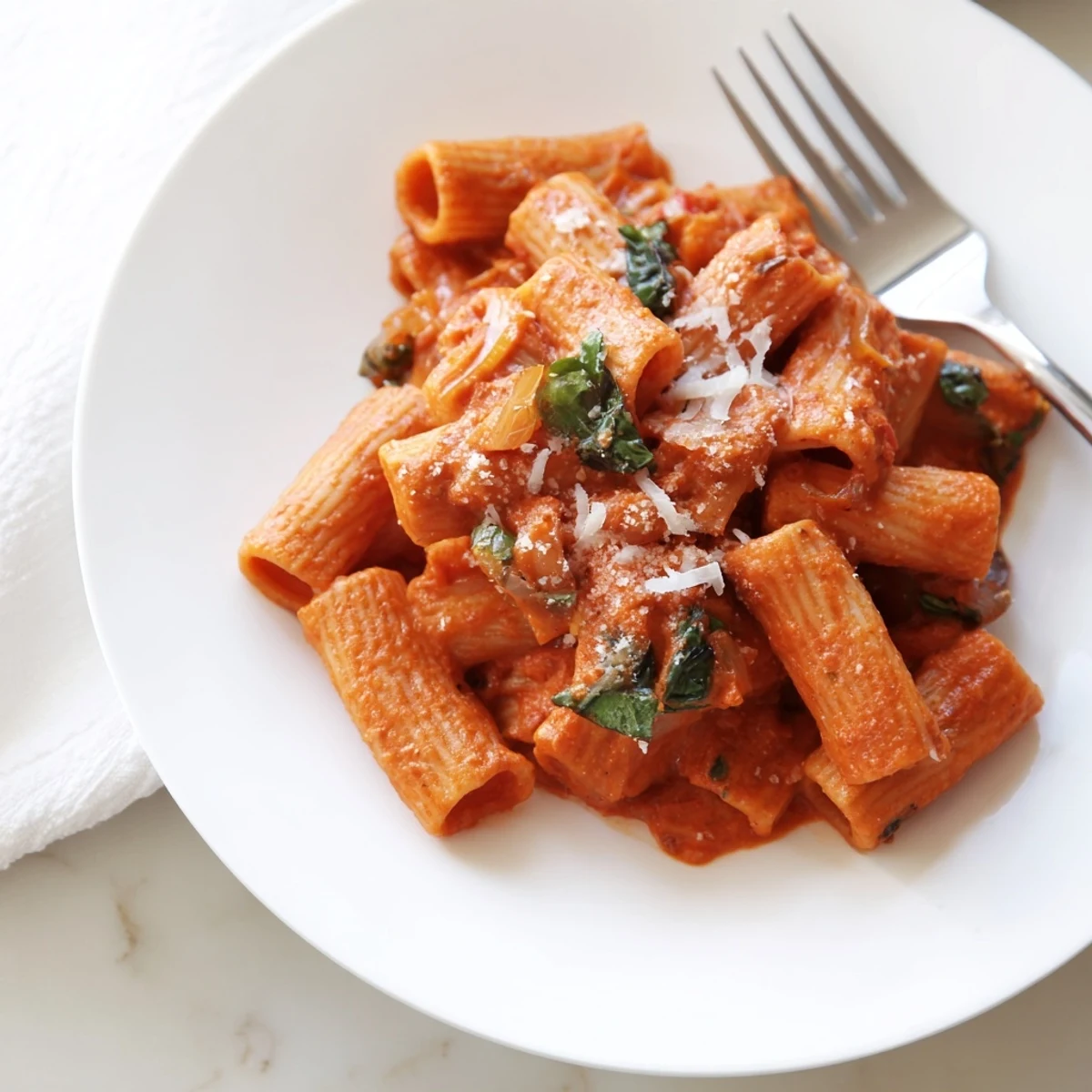Close-up of spicy rigatoni pasta, showing the texture of the al dente noodles and a swirl of creamy, spicy sauce.