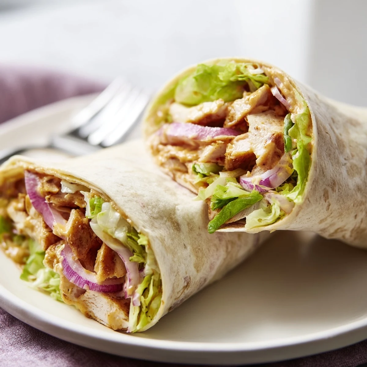 Golden-brown chicken tenders, crisp romaine lettuce, and bright red onion slices are generously drizzled with tangy honey-mustard dressing in a soft flour tortilla wrap.
