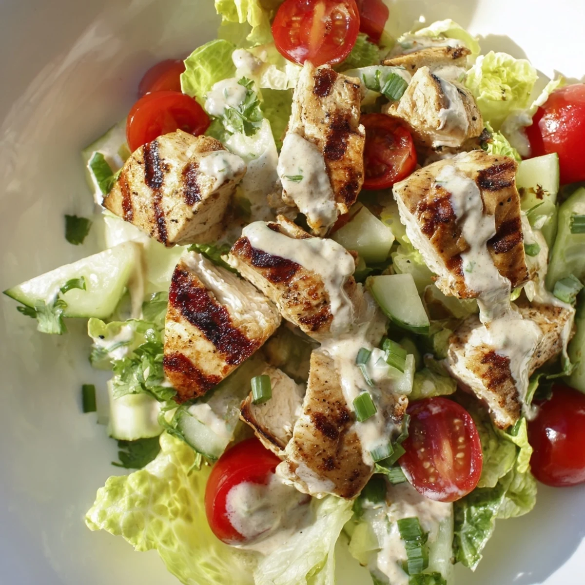 A vibrant bowl of Jalapeño Ranch Chicken Salad with chopped grilled chicken, crisp romaine, cherry tomatoes, cucumber, and creamy dressing.