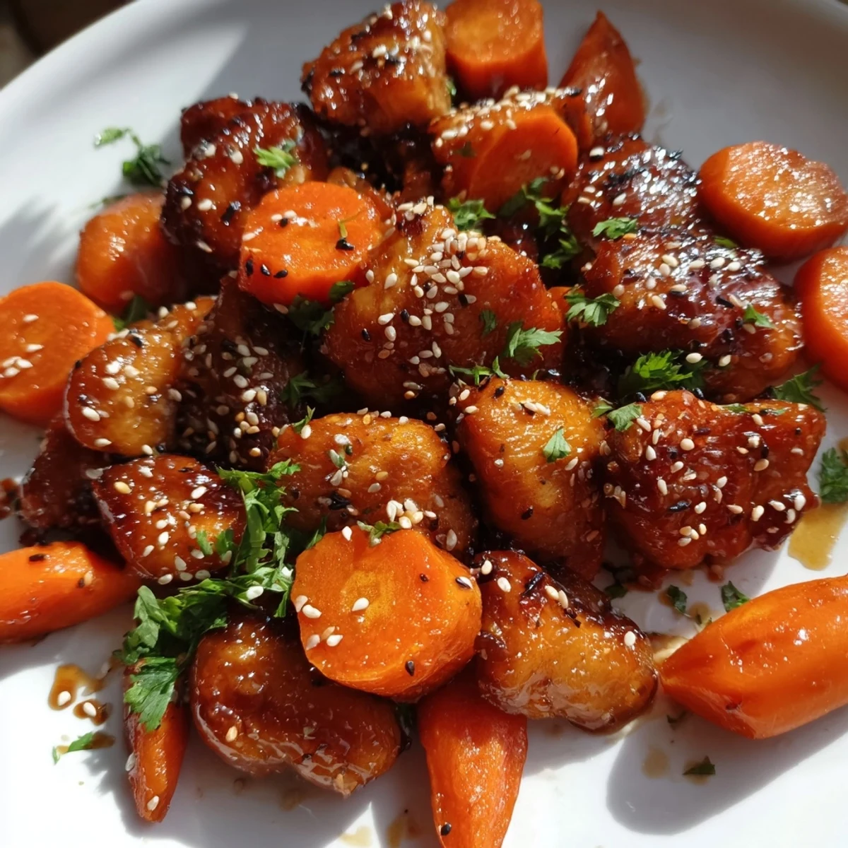 A colorful weeknight dinner of Sheet Pan Honey Garlic Chicken & Veg, garnished with parsley and sesame seeds on a dark background.