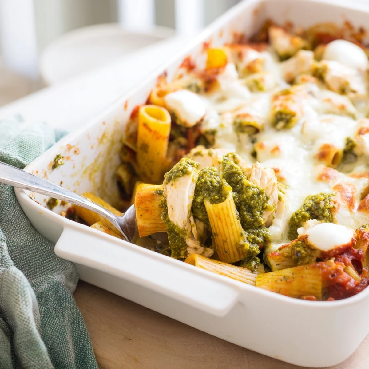 A family-sized Pesto Chicken Pasta Bake in a ceramic dish, garnished with fresh basil and ready to serve with a glass of white wine.  