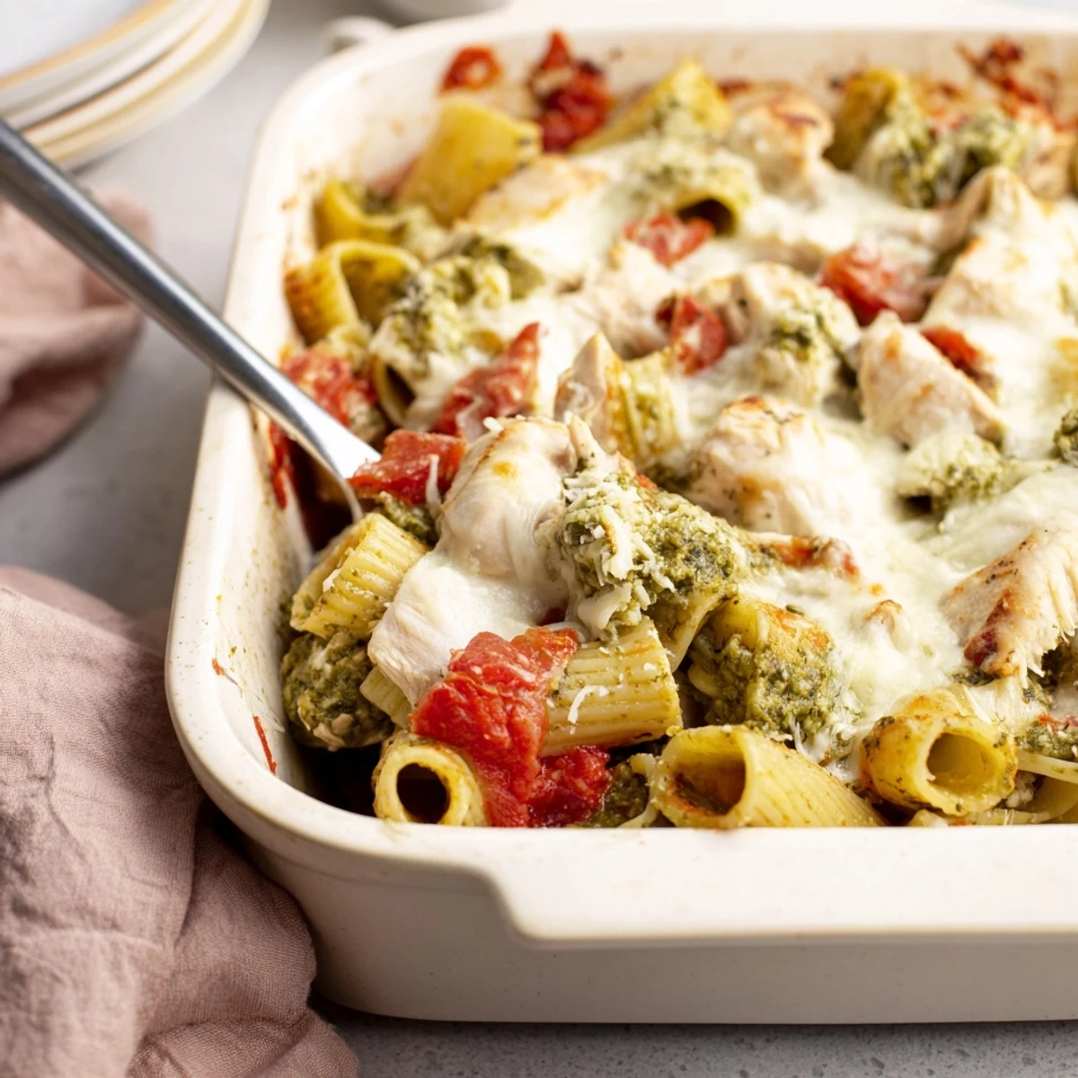 Close-up view of Pesto Chicken Pasta Bake showing gooey cheese pull and vibrant green pesto swirled through tomato sauce-coated pasta and chicken.