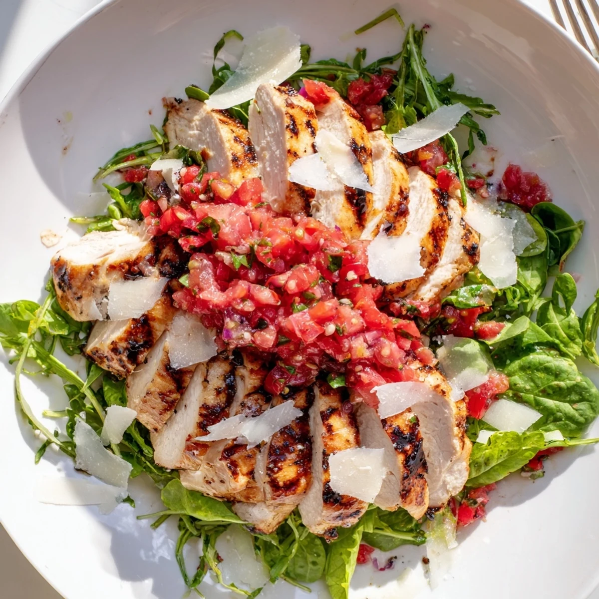 Sliced grilled chicken rests on mixed greens, topped with a vibrant tomato-basil bruschetta salad and shaved Parmesan.