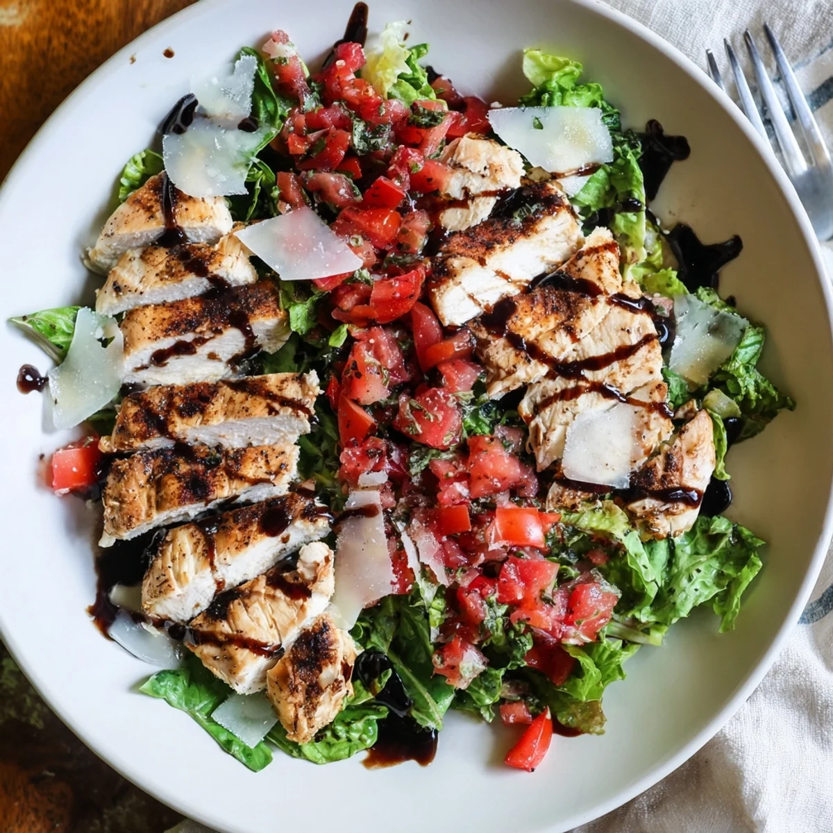 Freshly grilled chicken breast slices mingle with ripe tomatoes, red onion, and basil for a light Italian-American dinner.