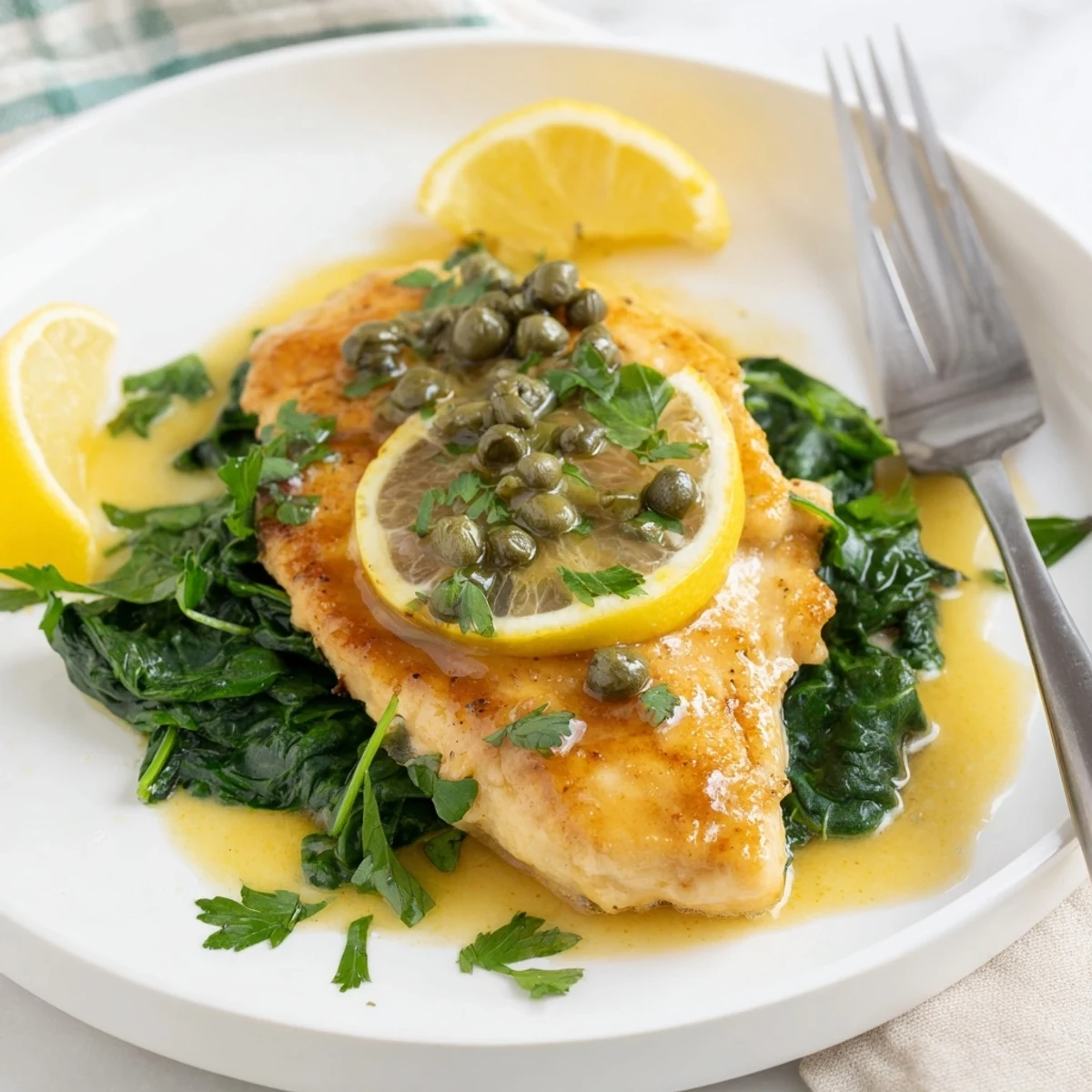 Juicy Spinach Lemon Butter Chicken with a silky lemon-butter sauce and wilted spinach, ready to be served alongside roasted potatoes or crusty bread.