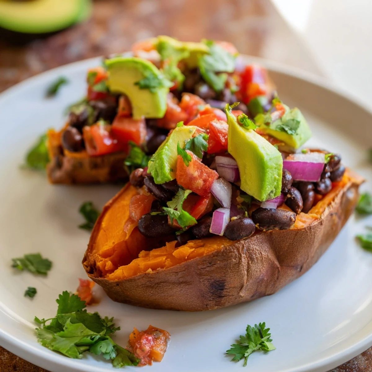 Serving suggestion for roasted sweet potatoes with chipotle black beans and zesty tomato salsa garnished with avocado.