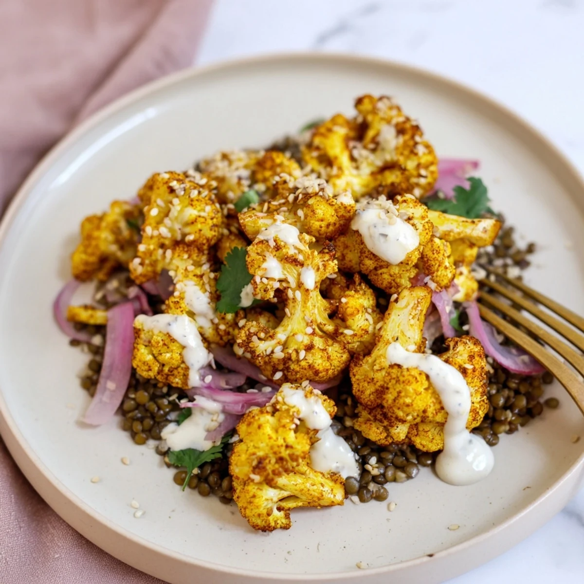 A vibrant vegetarian main dish featuring spiced roasted cauliflower, warm lentils with red onion and parsley, and a tangy tahini-yogurt drizzle.