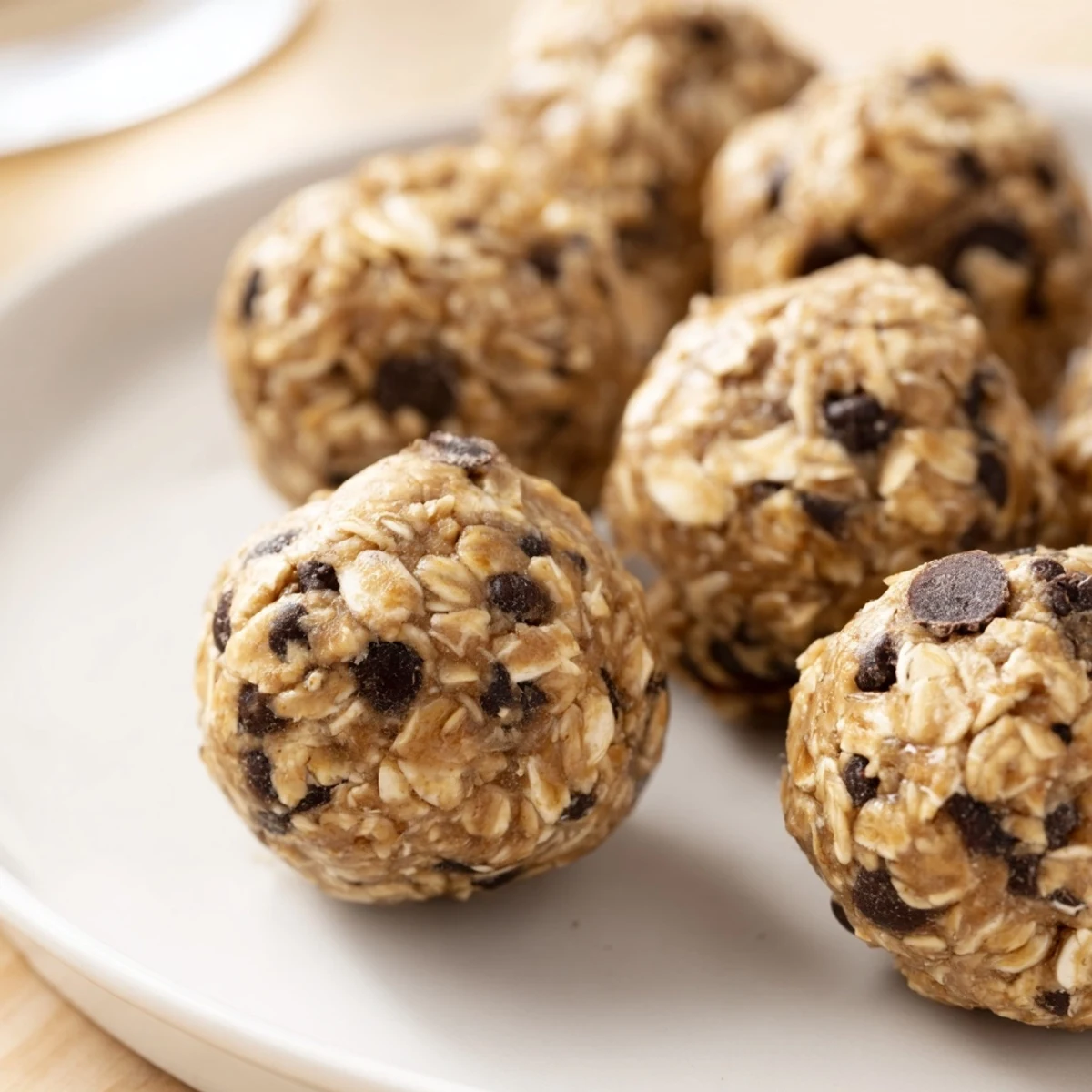 Golden-brown Banana Chocolate Chip Energy Balls arranged neatly on a rustic wooden board, showcasing their soft, chewy texture and melted chocolate chip details.