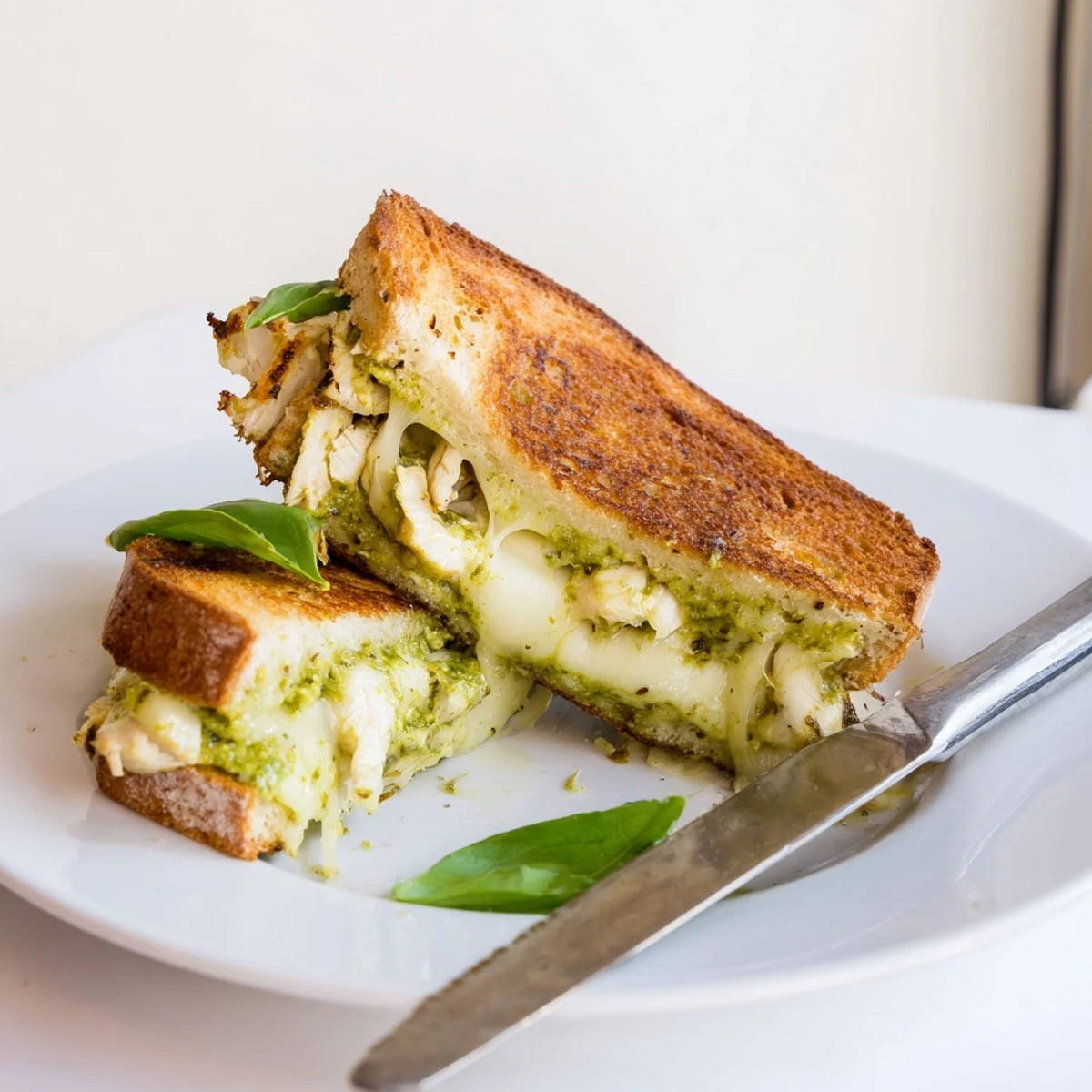 A close-up of the Mozzarella Pesto Chicken Grilled Cheese, featuring golden, crispy sourdough with melted mozzarella oozing from the edges.
