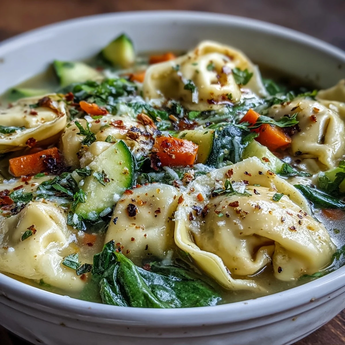 A comforting bowl of Creamy Vegetable Tortellini Soup, garnished with fresh basil, ready to serve alongside crusty bread.