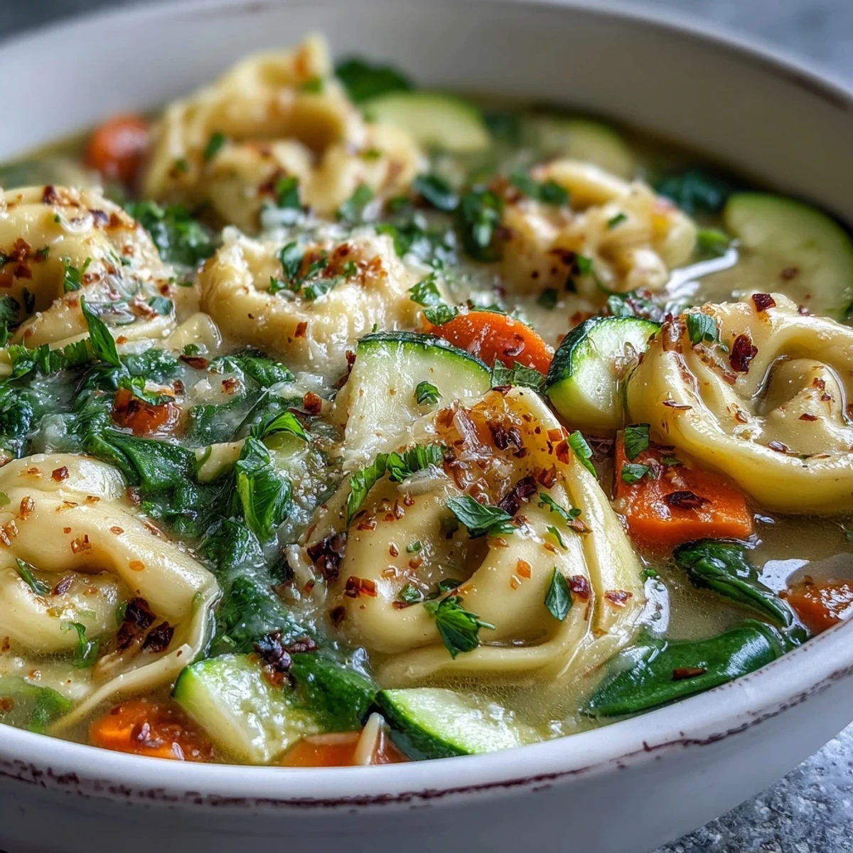 Creamy Vegetable Tortellini Soup with vibrant carrots, zucchini, and spinach in a rich, herb-infused broth, topped with Parmesan.