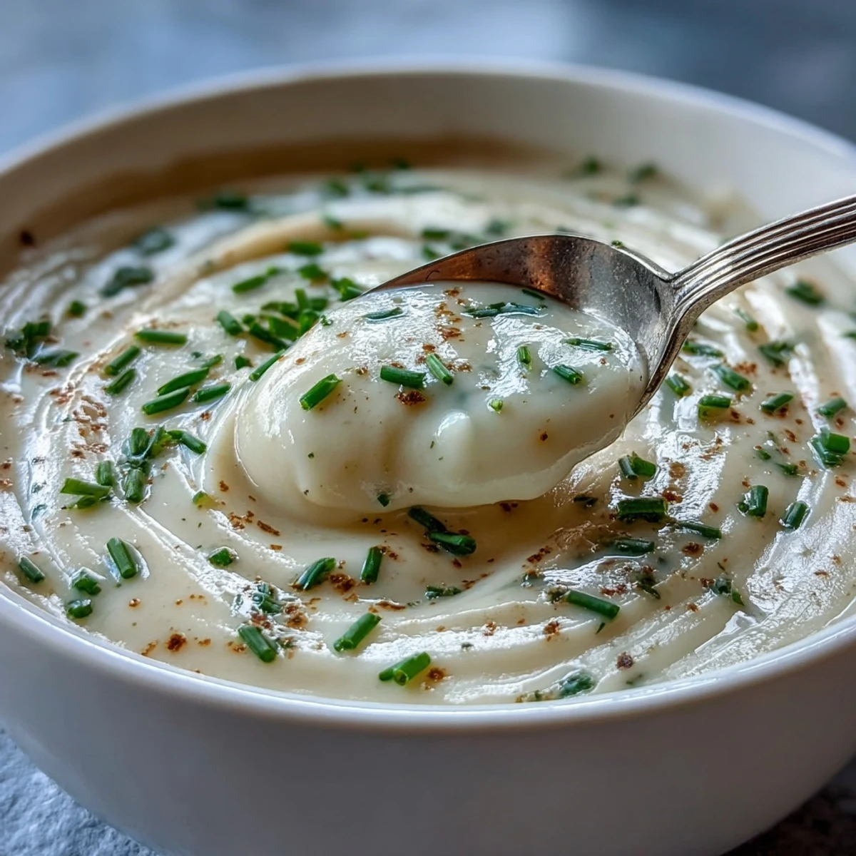 Creamy Celery Root Bisque steaming in a white bowl, garnished with fresh chives and a swirl of cream.