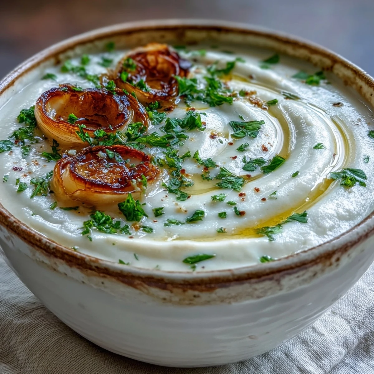 A warm bowl of Roasted Garlic Soup garnished with fresh parsley and crunchy croutons, ready to enjoy.