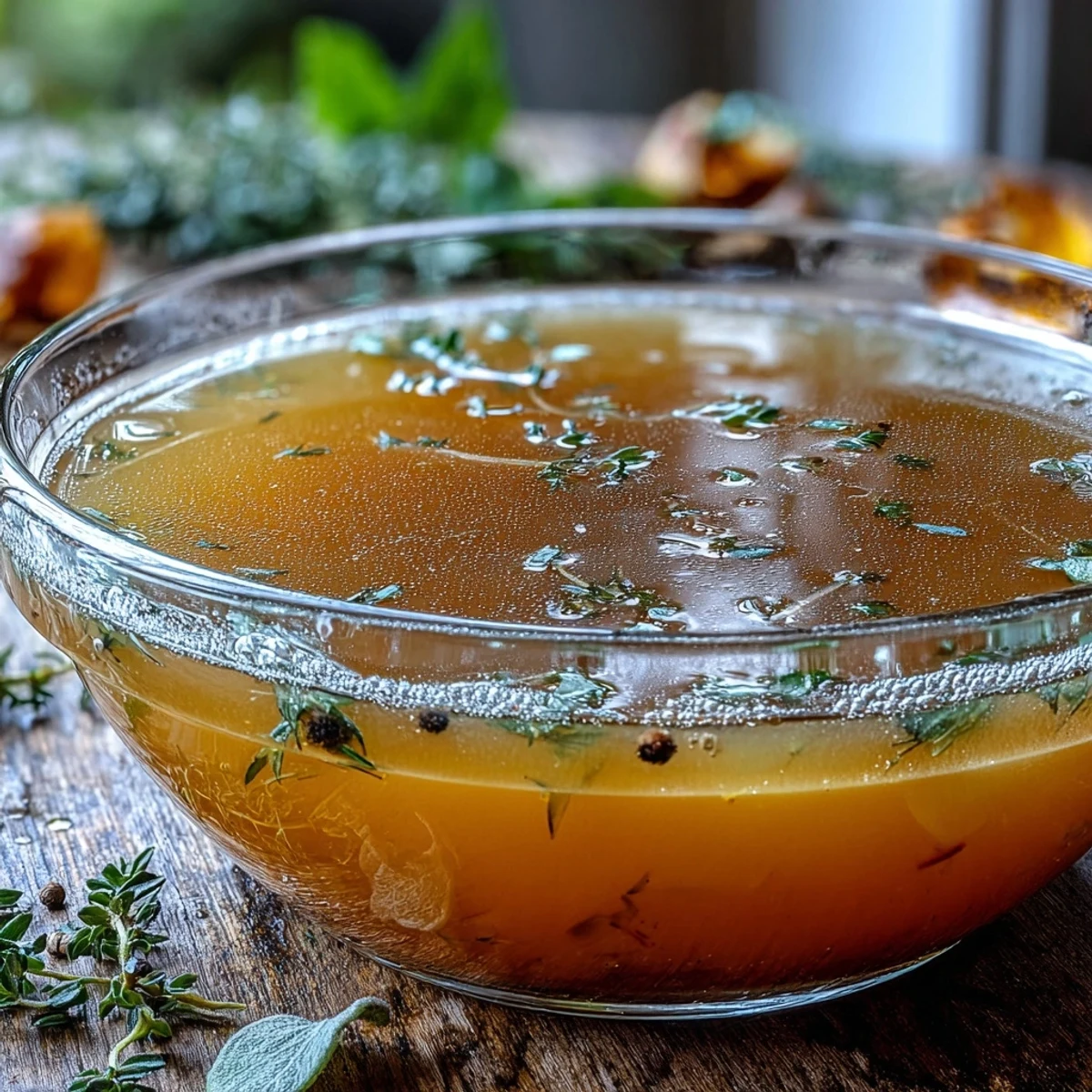 A strained golden Vegetable Broth From Scraps poured into a glass jar next to fresh herbs.