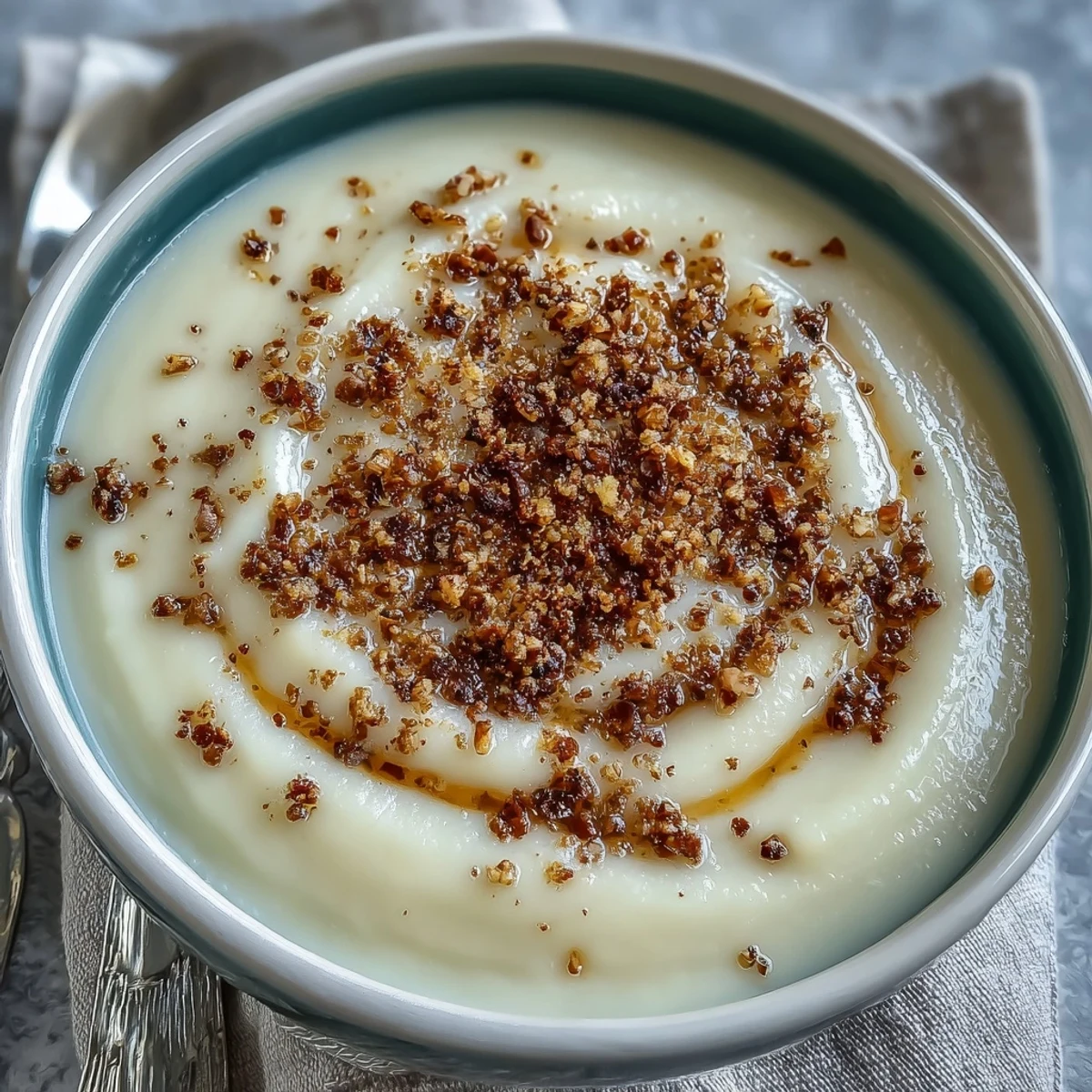 A bowl of velvety Celeriac Soup with Hazelnut Crumble, garnished with fresh parsley for a vibrant finish.