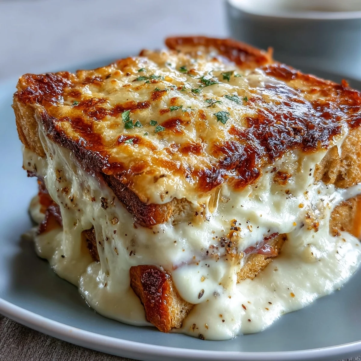 Sliced Croque Monsieur Casserole reveals layers of buttery bread, ham, and melted cheese.