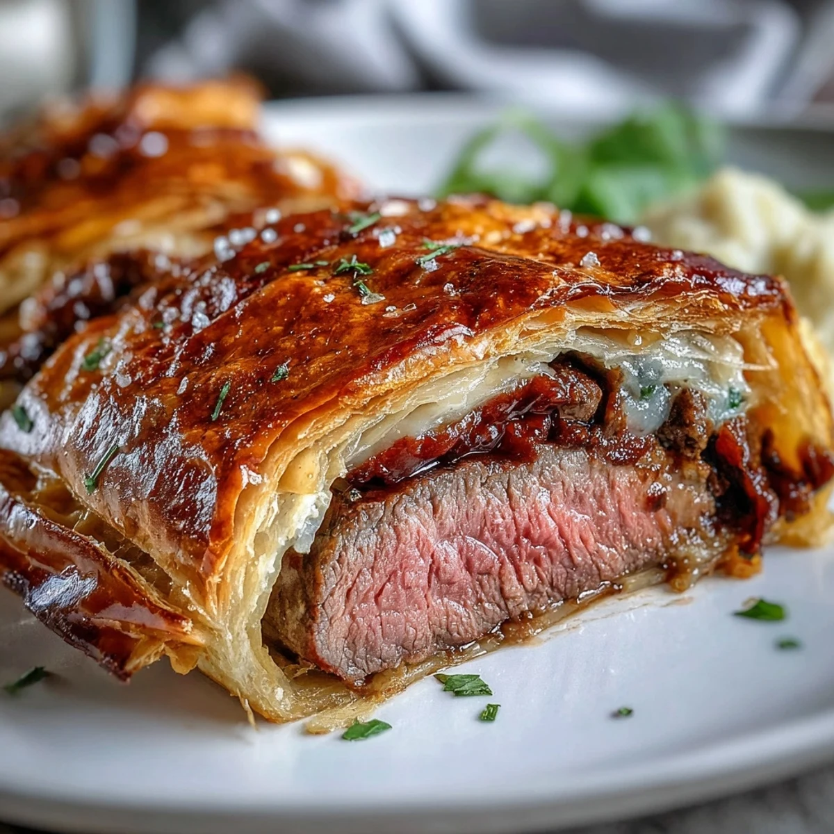 Homemade Beef Wellington featuring juicy beef tenderloin wrapped in prosciutto and mushroom duxelles, paired with mashed potatoes and fresh herbs on a plate.