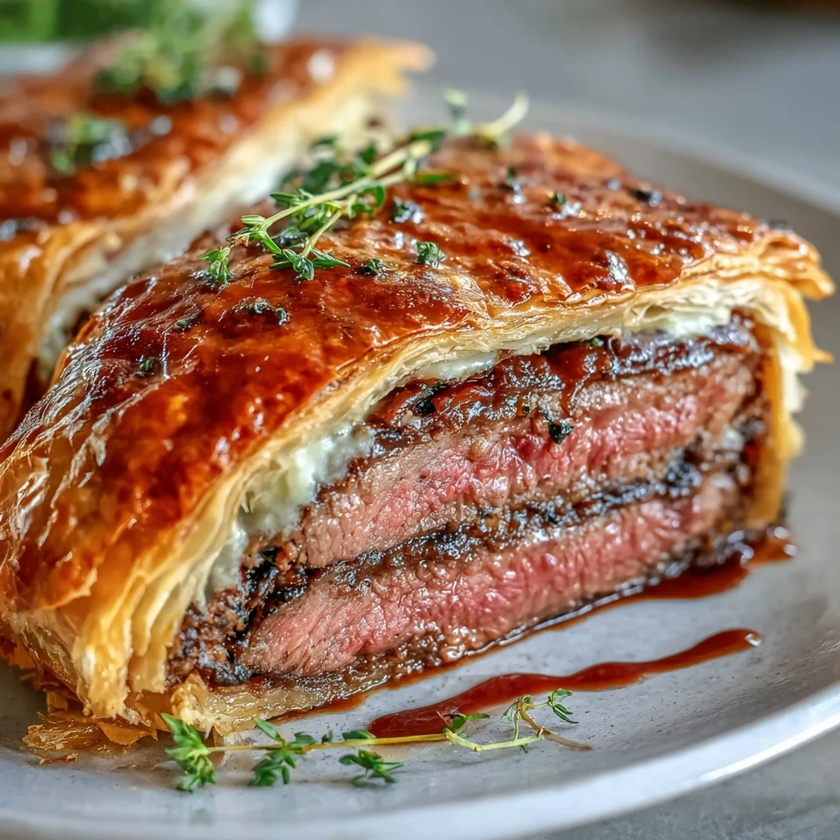A perfect whole Beef Wellington with crisp puff pastry, brushed with egg wash, on a rustic wooden board for a special occasion dinner.