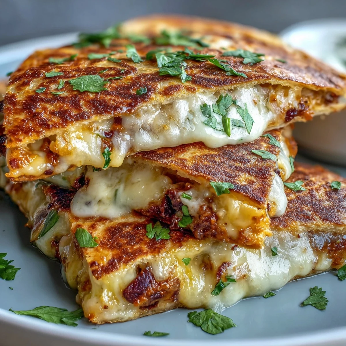 Golden, cheesy Blooming Quesadilla Ring fresh from the oven, served with bowls of salsa and sour cream for dipping.