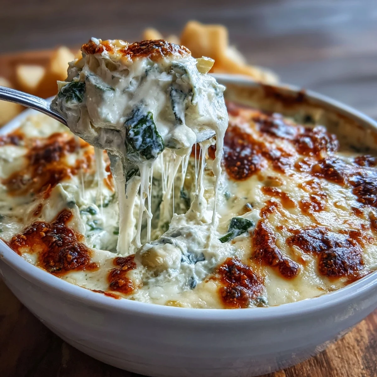 Fresh spinach and tender artichoke hearts in creamy Spinach Artichoke Dip, baked until golden and bubbly, perfect for a party appetizer platter alongside sliced baguette.