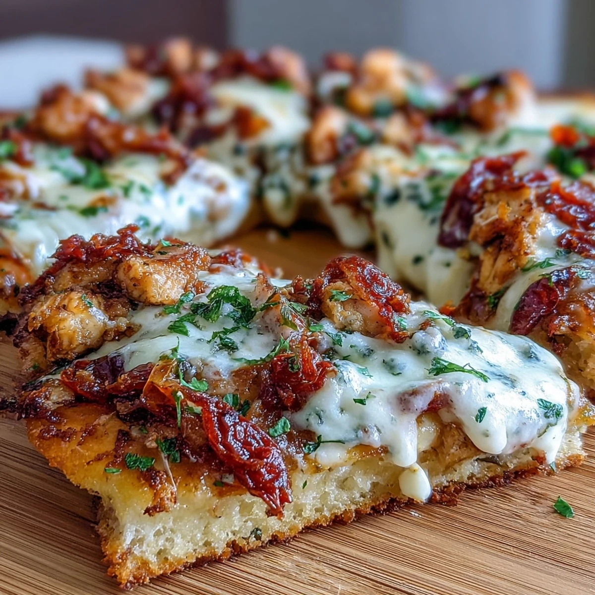 Freshly baked Marry Me Chicken pizza with bubbling mozzarella, vibrant sun-dried tomatoes, and herbs, served hot on a baking sheet.