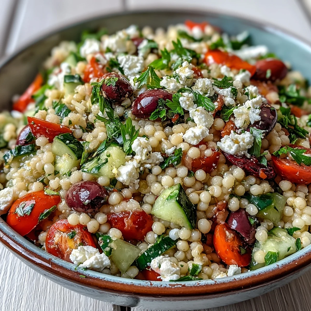 A vibrant bowl of Mediterranean Pearl Couscous salad, tossed with diced red bell peppers, cucumbers, and sweet cherry tomatoes, topped with crumbled feta and olives.  