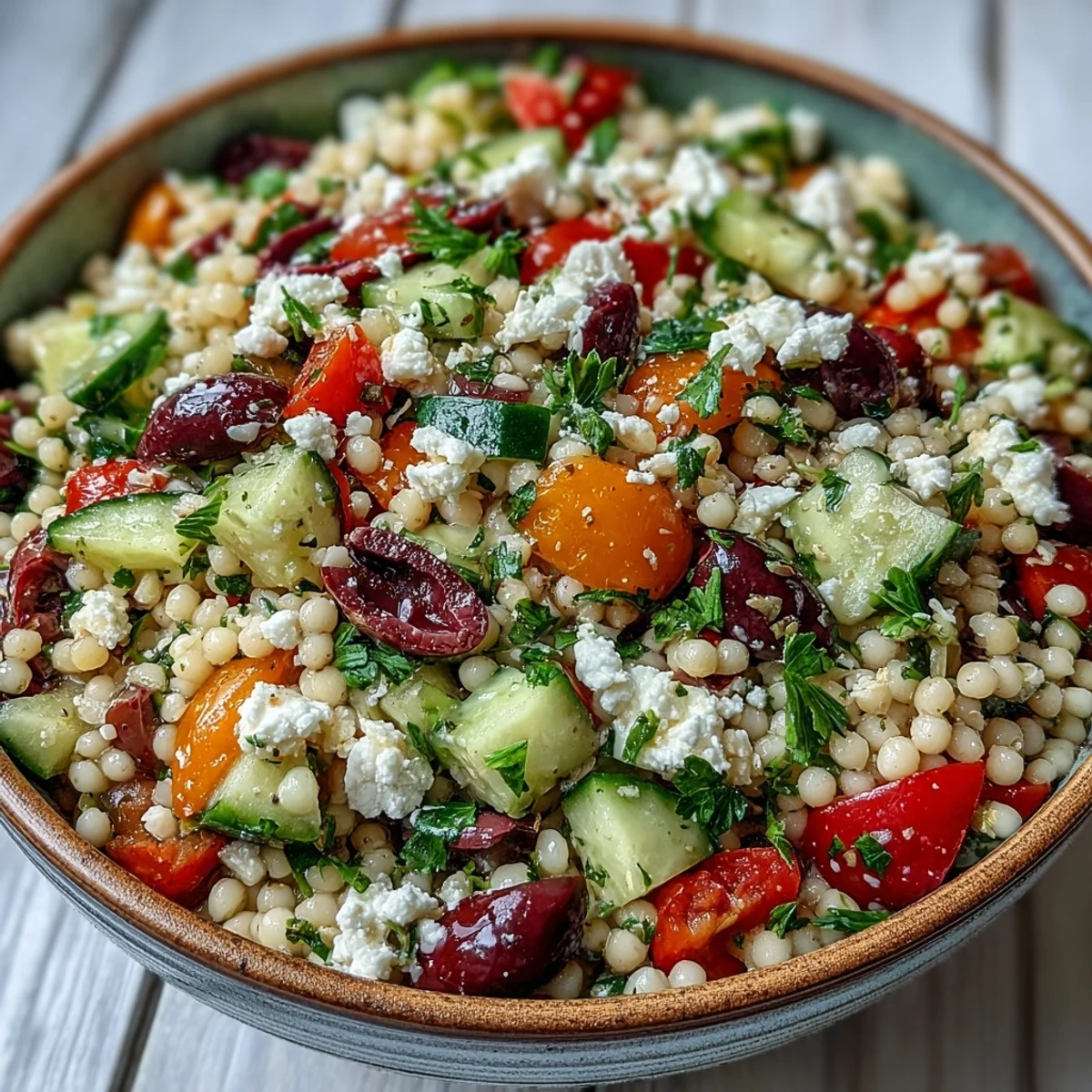 Fresh parsley and a zesty oregano vinaigrette finish this Mediterranean Pearl Couscous, served in a rustic white bowl for a light, healthy lunch.  