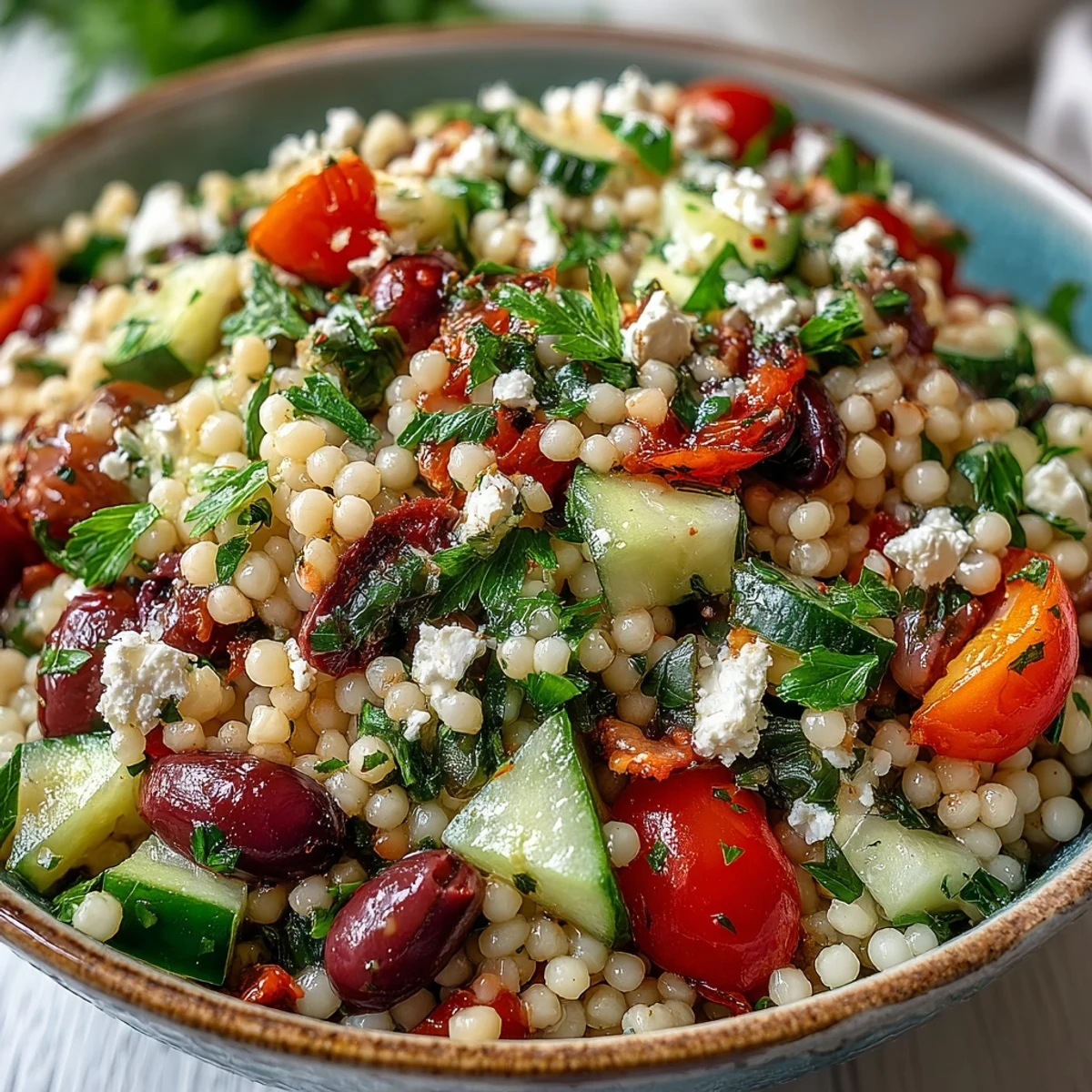Colorful ingredients like crunchy cucumbers and briny kalamata olives mix with toasted pearl couscous in this easy, vegetarian Mediterranean dish.