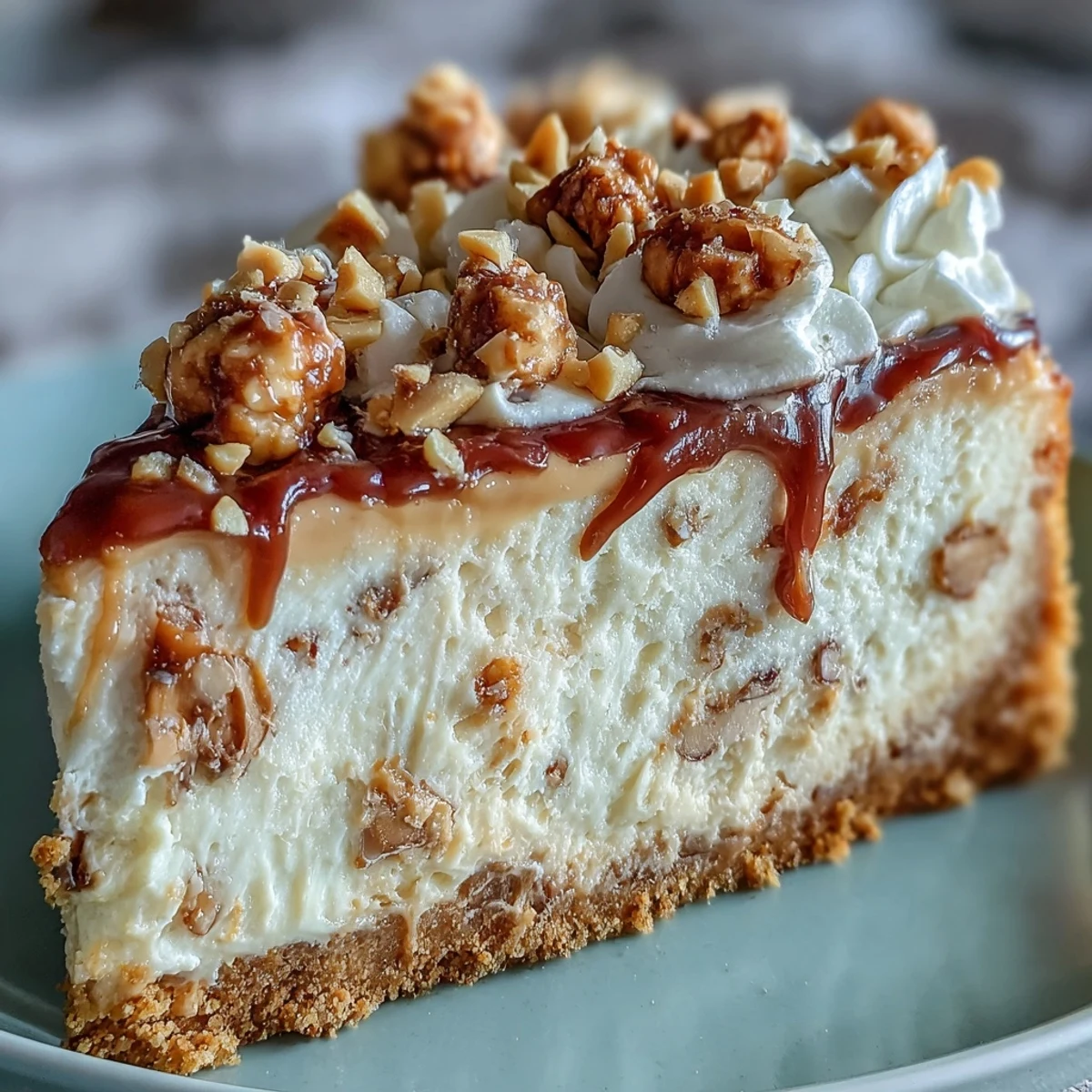 A close-up of a rich Nutter Butter cheesecake slice topped with whipped cream, chopped peanuts, and a mini cookie on a white plate.  