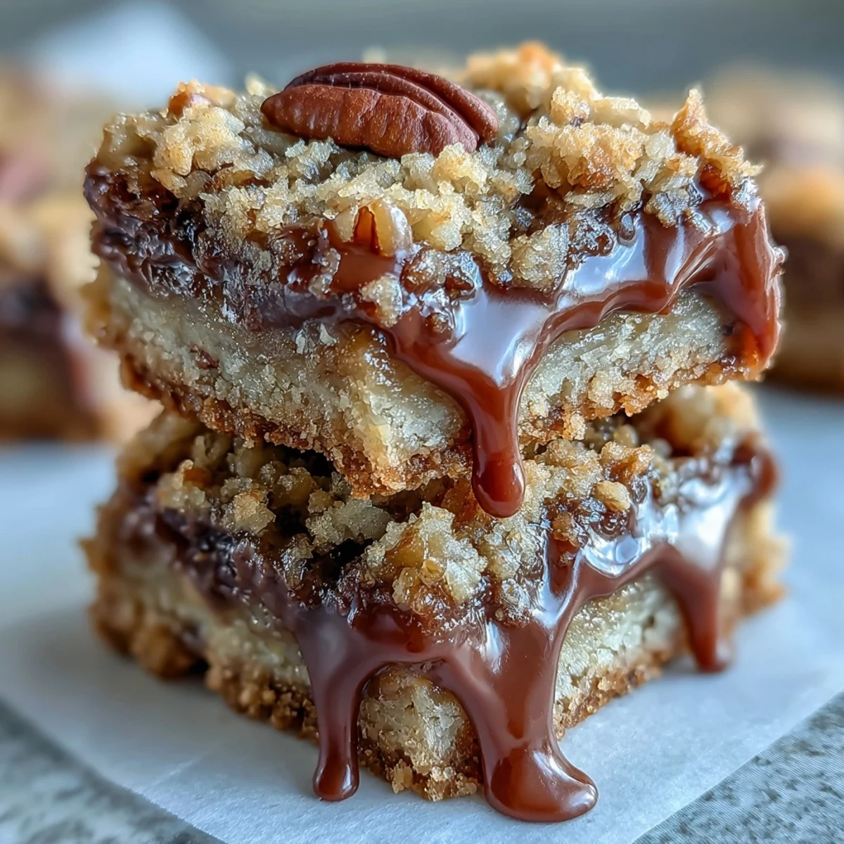 Decadent Sweet and Chewy Turtle Bars with Chocolate and Caramel sit on a white plate, featuring golden-brown crumb topping and rich, glossy caramel swirls.
