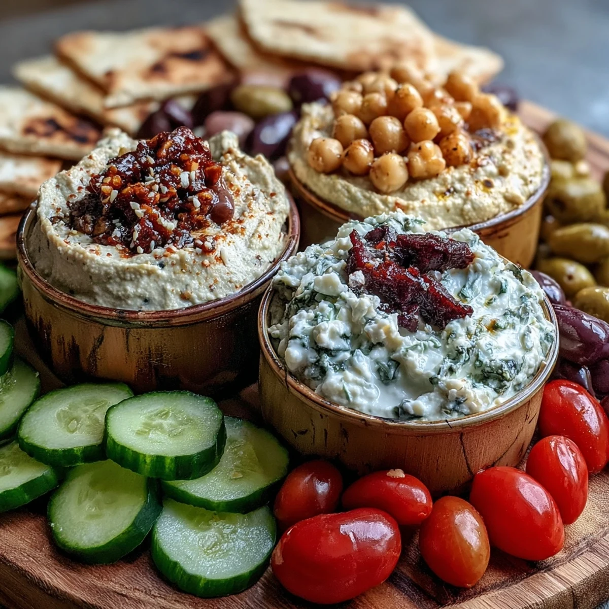 A colorful Mediterranean brunch board features creamy hummus, smoky baba ganoush, and tangy tzatziki, surrounded by crisp veggies, feta, and warm flatbread.