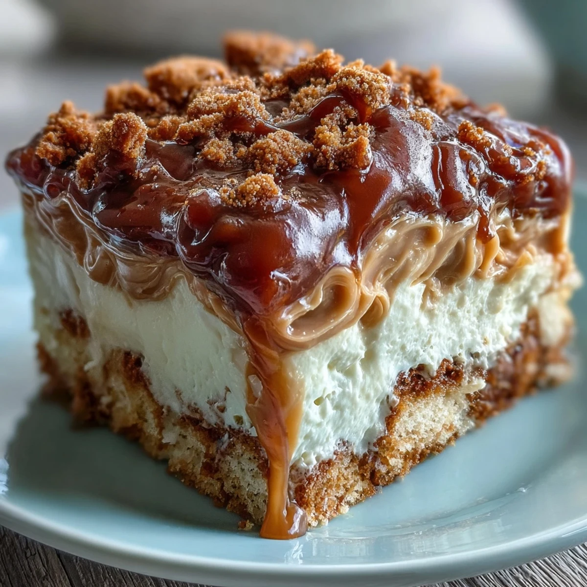 A slice of Decadent Baked Biscoff Cake with Creamy Lotus Frosting shows tender crumb, visible cookie specks, and a generous swirl of frosting on a rustic plate.  