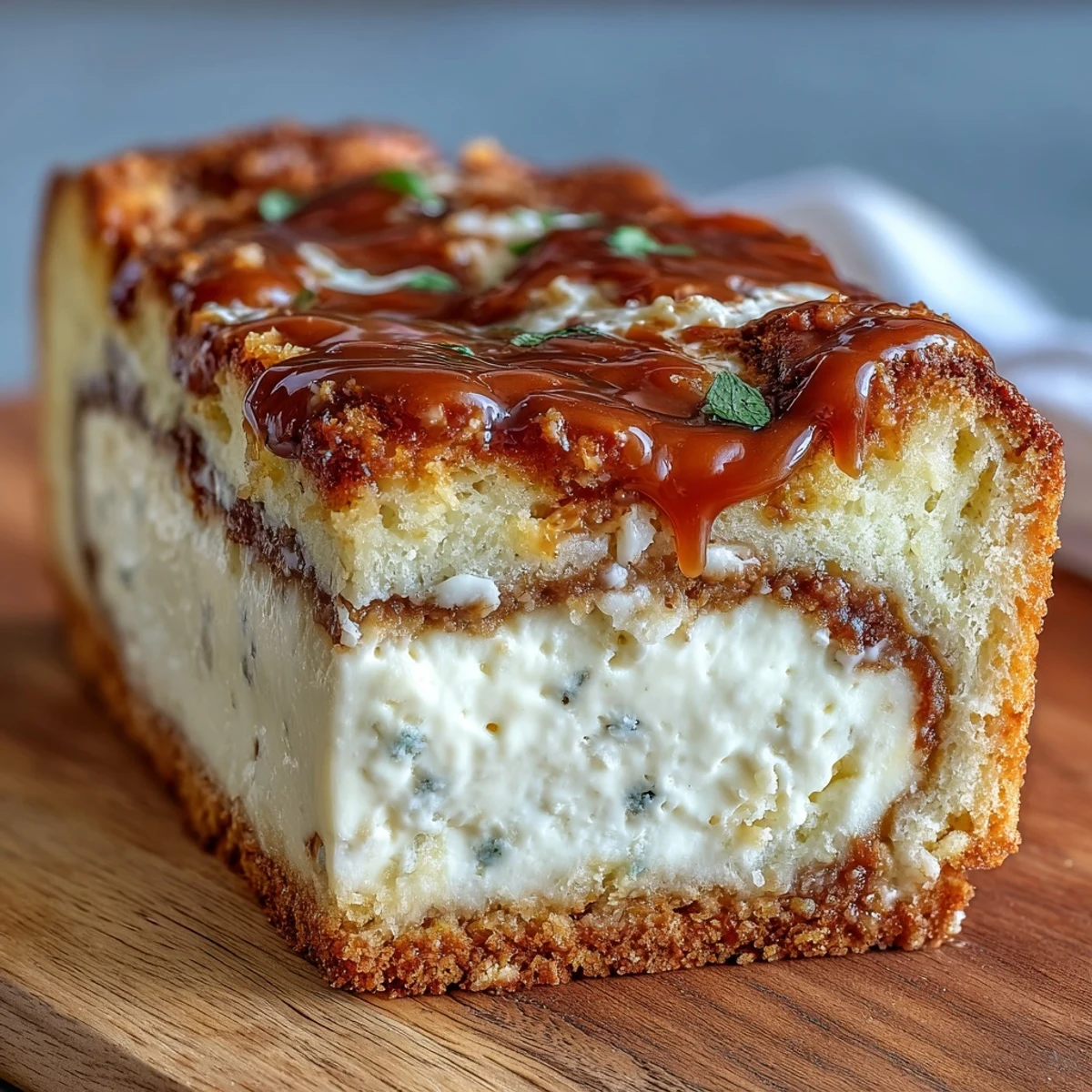 Freshly baked Caramel Cream Cheese Bread cooling on a wire rack, showing a gooey caramel drizzle over golden-brown crust.